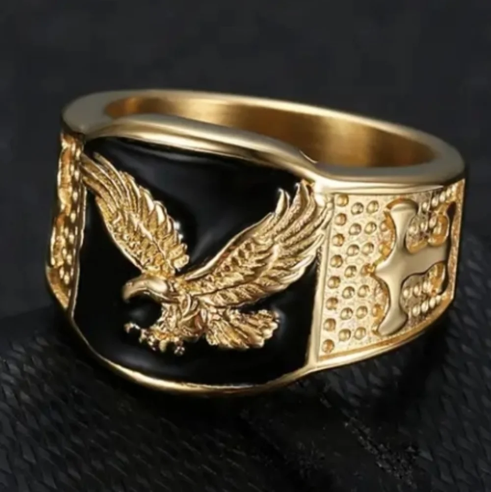 Goldtone Black Eagle Men's Ring